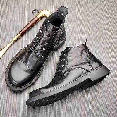 Men's Spring Leather Round-Toe Boots, Comfortable Wear-Resistant High-Top Shoes, Versatile British-Style Large-Size Mid-Top Martin Boots.