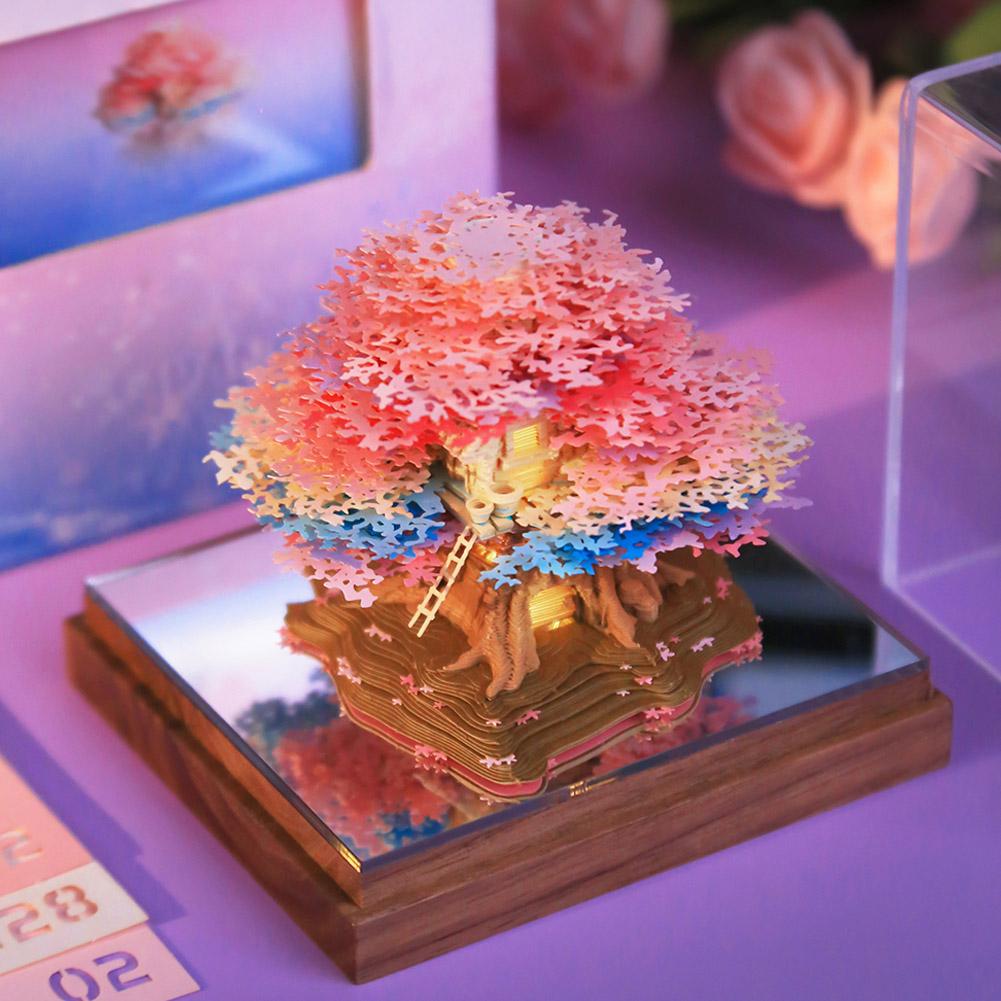 3D Sticky Notes Of Romantic Cherry Blossom Treehouse Paper Sculpture Calendar With Lights Craft Notepad Memo Notes Paper Decor