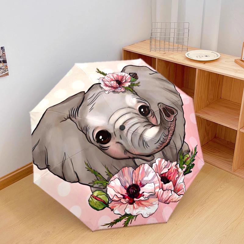 

1 PC Automatic Folding Umbrella - Cartoon Elephant Pattern, Portable & Foldable Design with 8 Ribs, Christmas Birthday Gifts
