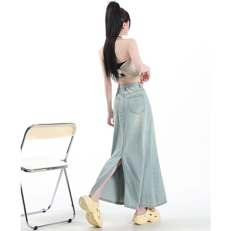 Fustă Denim Retro Spălată pentru Femei În Vară Stil Nou Purtată Talie Înaltă Slim Șold Coadă de Pește Fustă Lungă