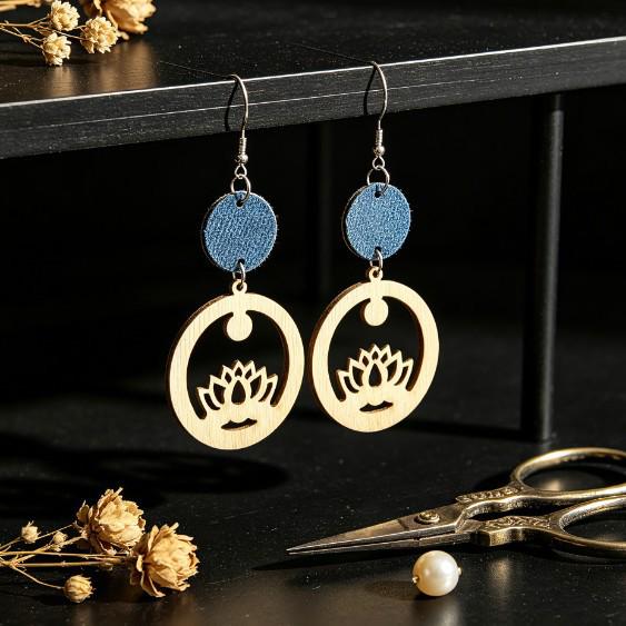 European-American Wood and Denim Patchwork Round Earrings