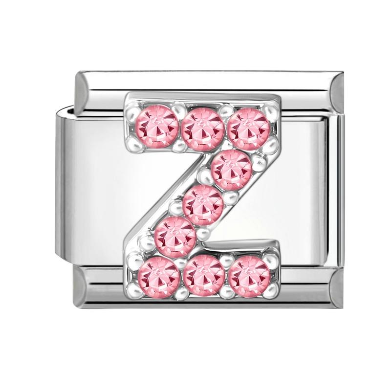 1pz Micro Intarsiato Zirconia Rosa Full Zircone 26 Lettere Inglesi Fascino Italiano Adatto Bracciale in Acciaio Inossidabile da 9mm Gioielli Fai da Te