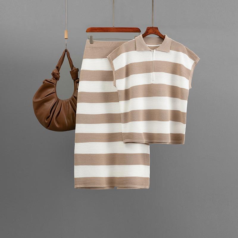 Fashion half-zip olo collar striped knitted short-sleeved suit women's casual wide-leg pants summer two-piece suit