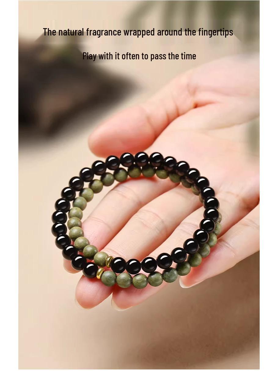 Putuo Mountain Green Sandalwood & Obsidian Double Circle Crystal Bracelet for Women - Moisturizing, Luck-Enhancing, Wealth-Attracting Beads.