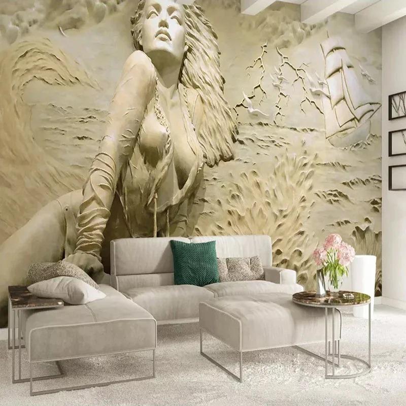 Custom Wall Mural Art Wall Painting European Style Golden 3D Stereoscopic Relief Sea Wave Sailboat Beauty Photo Wallpaper Murals