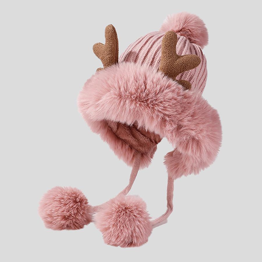 Cute Ears Plush Winter Hats for Women Beanies Deer Antler Fur Pompom Knit Bonnet Fluffy Winter Cap Bomber Hats Women Gorro