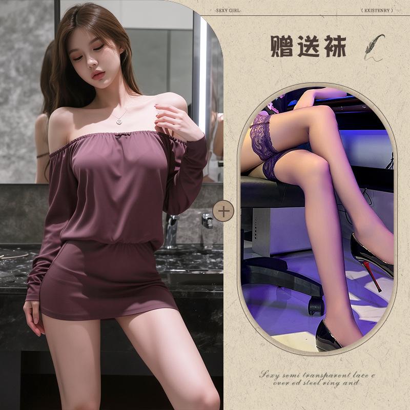 Pure Desire Purple Backless Word Shoulder Long Sleeve Hip Wrap Uniform Sexy Flirting Underwear Temptation Sleep