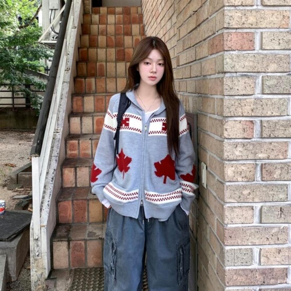 New Arrivals Open Run Women Loose Fit Nordic Pattern Long Sleeve Zip Up Knit
