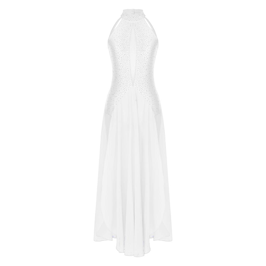 Damen Lyrisches Tanzkostüm Neckholder Träger Rücken Design Glänzende Strasssteine Schlitzkleid Bühnenauftritt Outfit