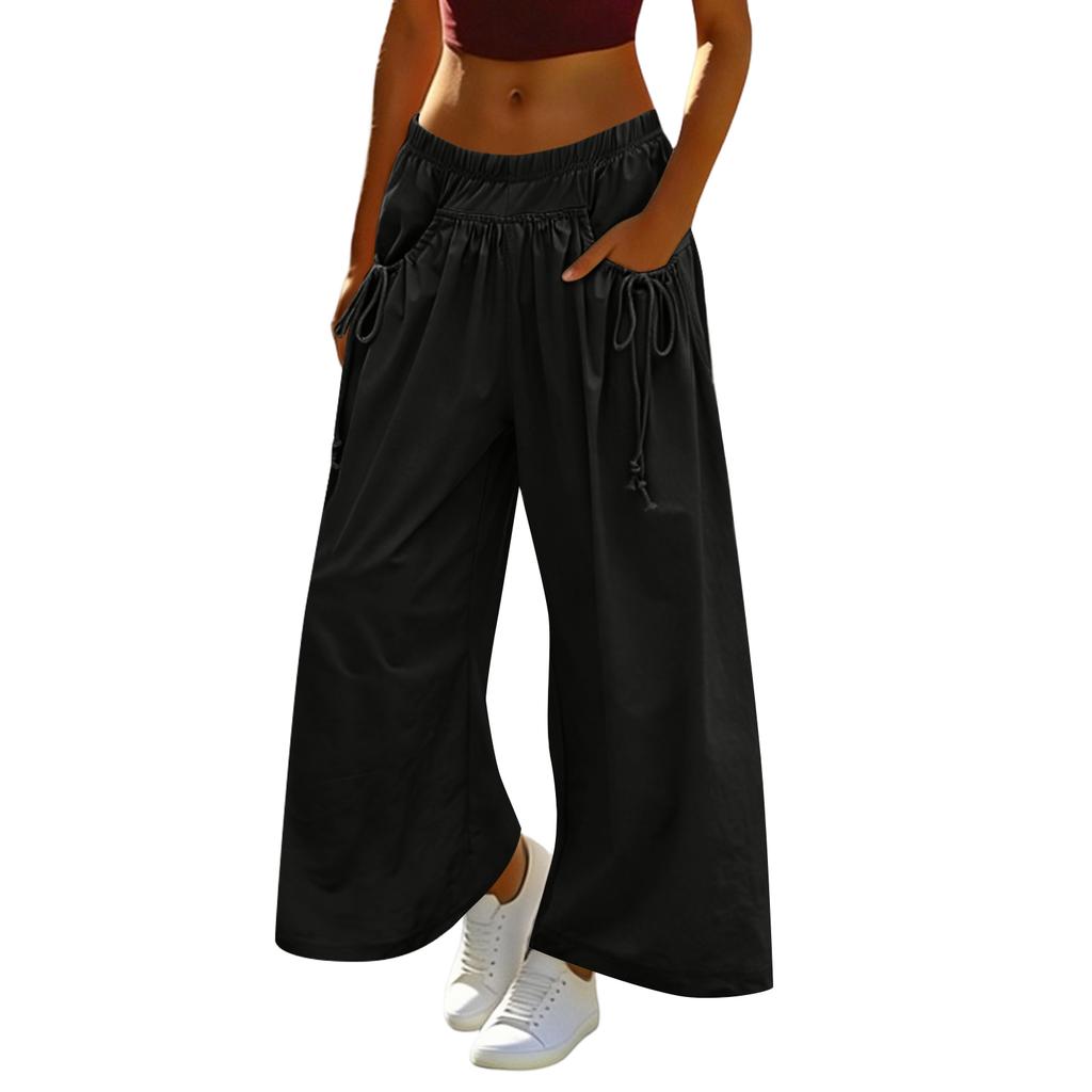 Women's Loose Wide-leg Sweatpants, With Drawstring Pockets, Elastic Waistband, Three-quarter Length, Hiking Pants