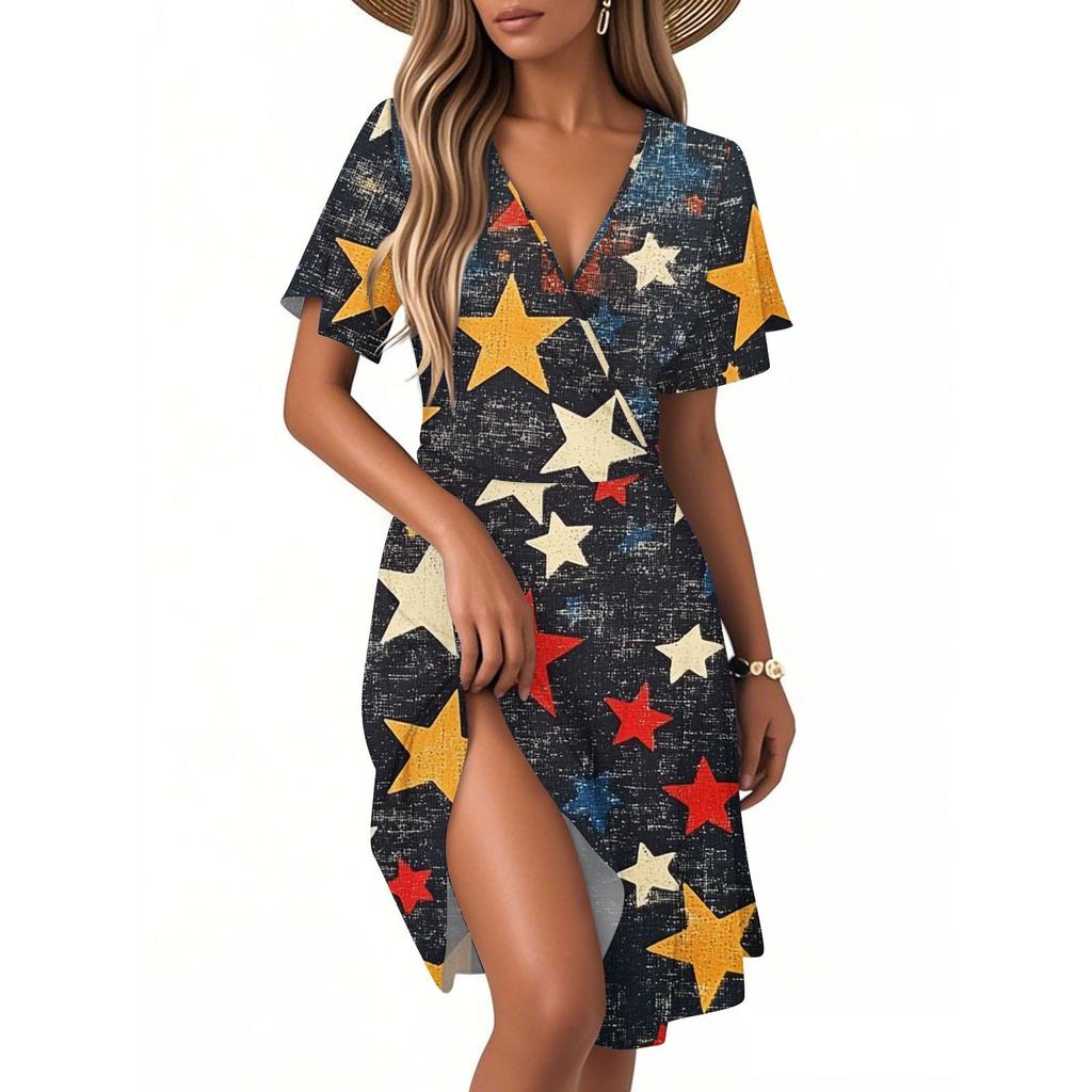 Kvinners Casual Mote Kjole Vintage Blomstermønstret Blomster Kort Erm V-hals Kjole