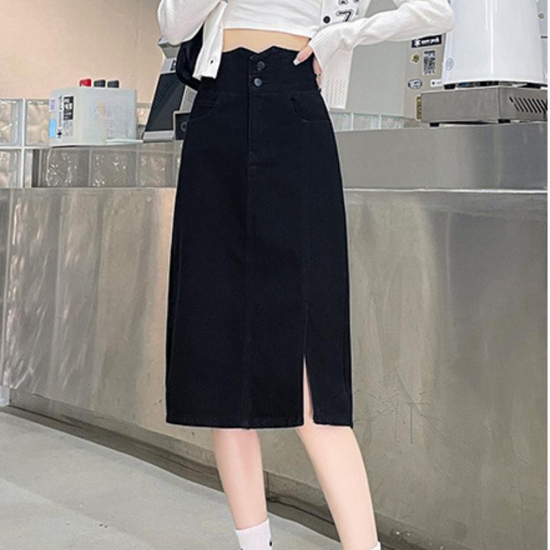 

Джинсовая юбка миди с разрезом и высокой талией, летняя тонкая новая юбка А-силуэта, облегающая бедра 2XL чёрный