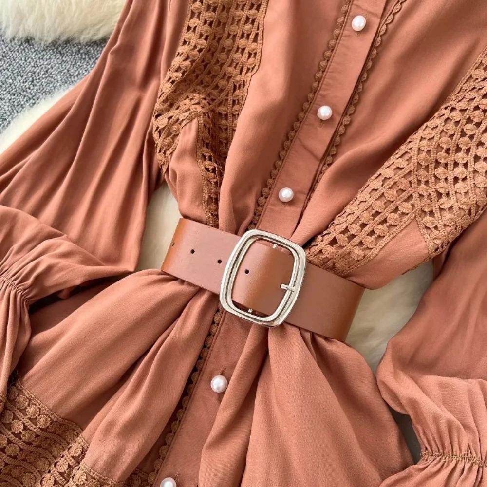 Vestido Chic de Encaje Slim con Cuello Mao de Manga Larga Empalmado de Botonadura Sencilla High Street Vintage Noche Mujer Ropa Otoño Invierno