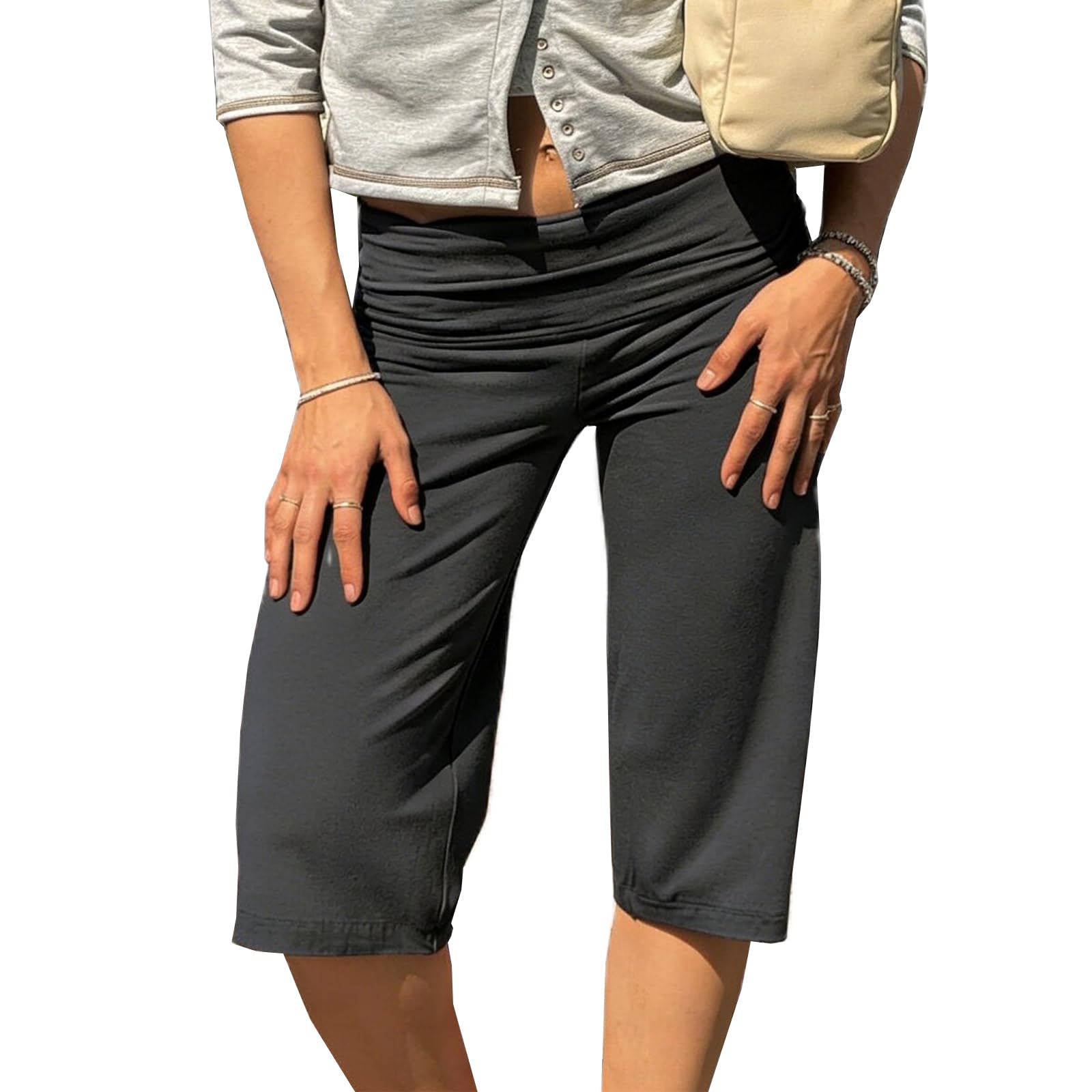 

Women High Waist Casual Capri Pants Knee Length Five Point Loose Fit Lounge Bottoms Soft Stretch Fabric M тёмно-синий