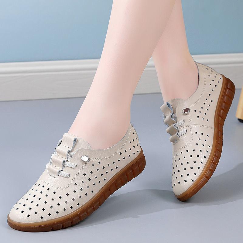 BrandNew SpringSeason and HotSeason DailyWear Flat FootPairs for Women BigSize Hollow Hole Lady FootPairs Genuine Leather White FootPairs for Women
