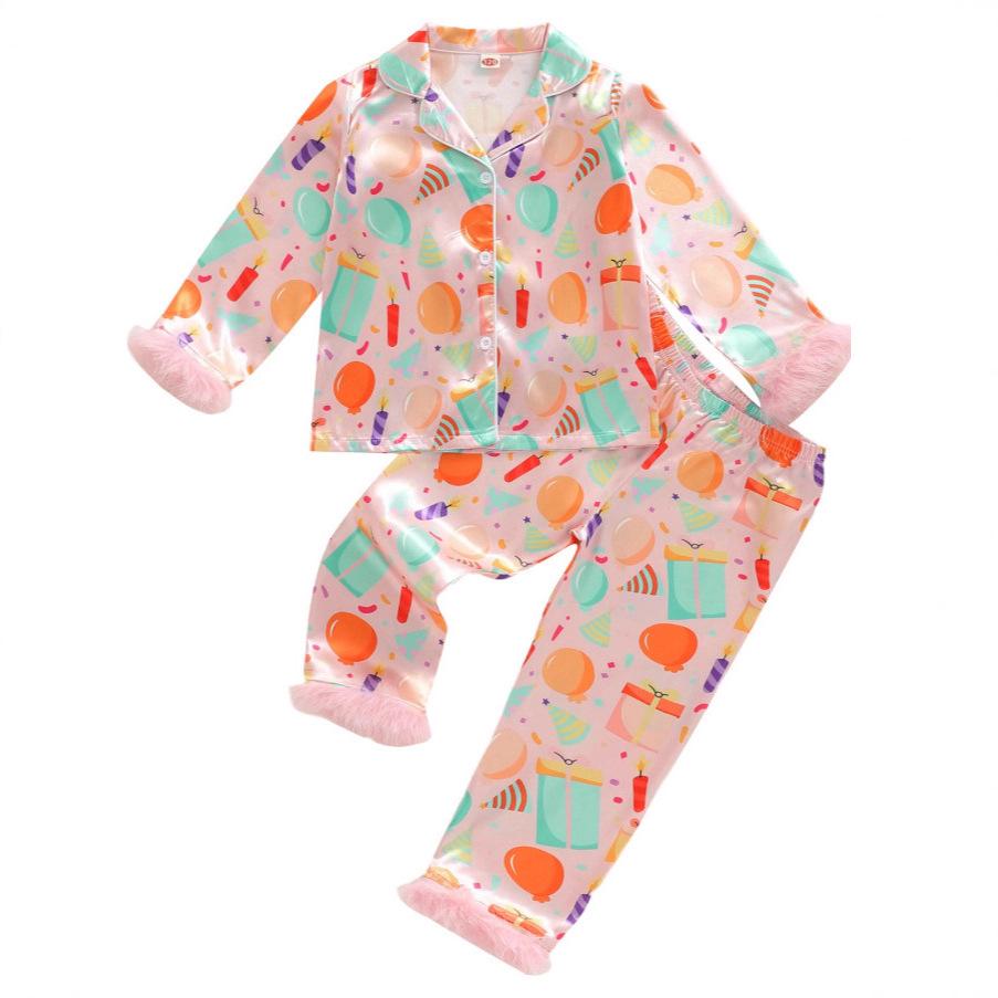 Silk Satin Long Sleeve Fuzzy Pajama Set for Girls - Autumn Casual Wear