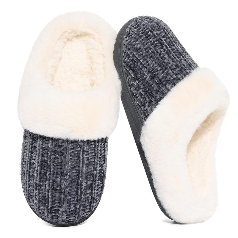 Fashion Shevalues Winter Plush Lining Slippers For Women Cozy Wool-Like Lined Chenille Slippers Memory Foam Fuzzy Warm Indoor Slippers