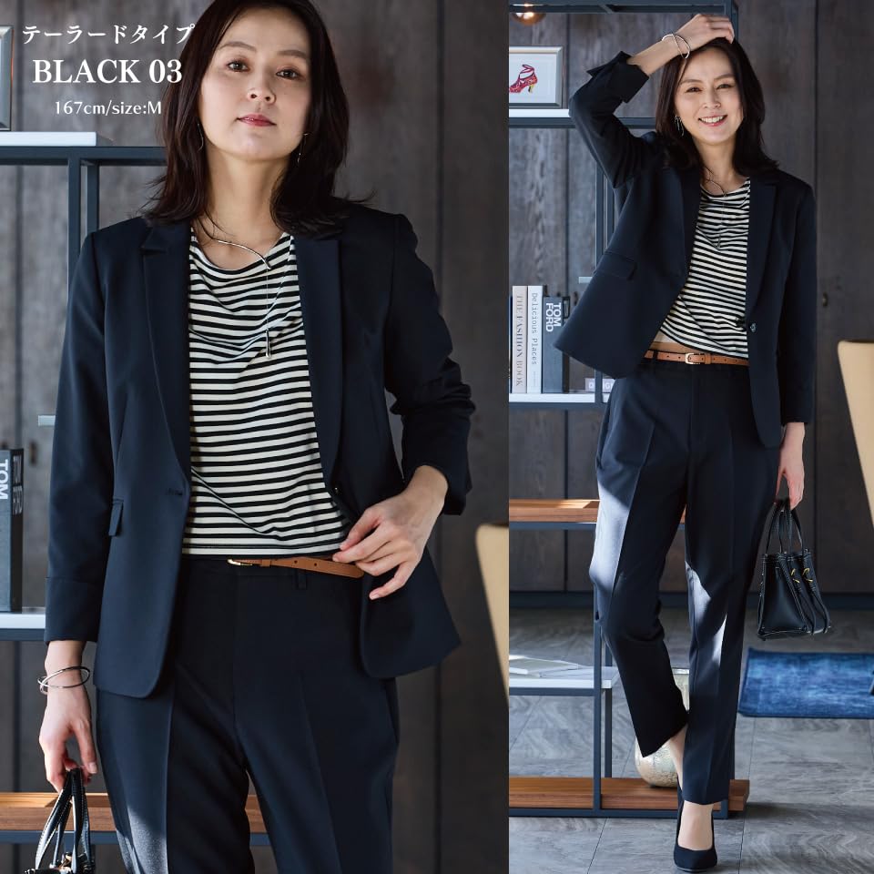 Pantsuit Collarless Tailored Tapered Business Suit Tailored BLACK Women's Set, Jacket, Washable, Odor-Eliminating Tape, Pants, (M, Type, (03))