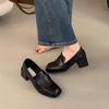New Loafers Square Head Lazy One Pedal Thick High Heel Small Leather Shoes Versatile French Mary Jane Single Shoes Women's Middle Heel