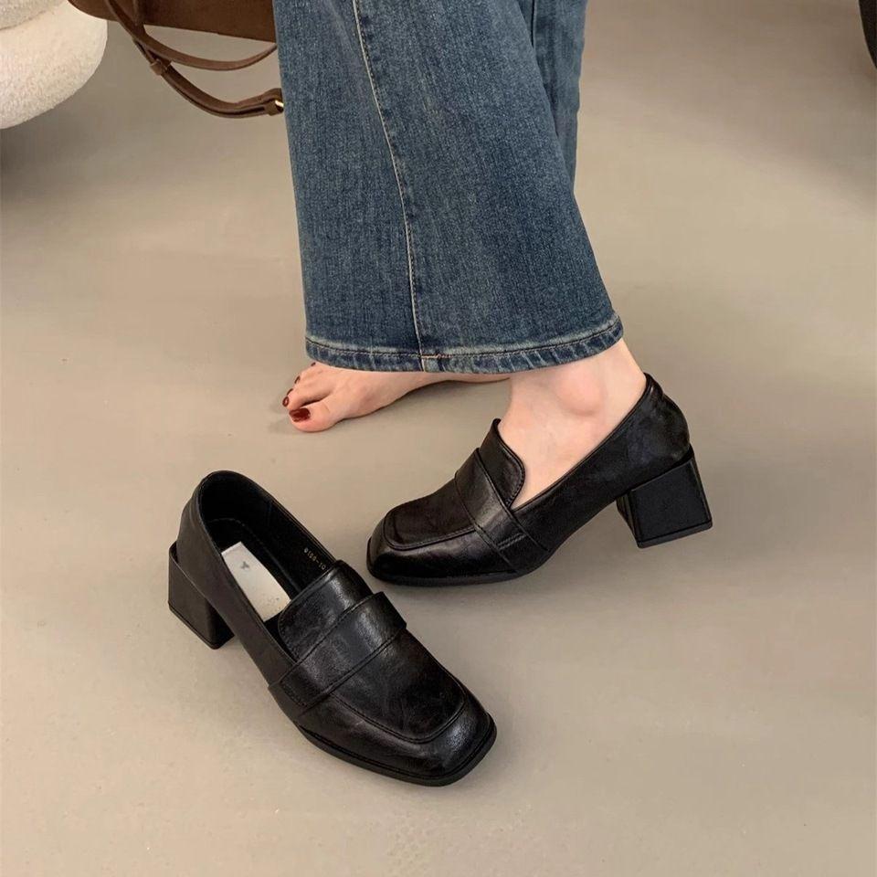 New Loafers Square Head Lazy One Pedal Thick High Heel Small Leather Shoes Versatile French Mary Jane Single Shoes Women's Middle Heel