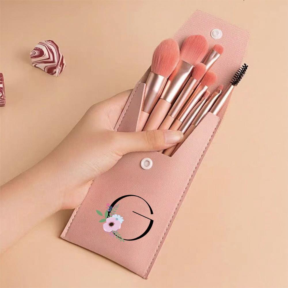 Pink Makeup Brushes Set Soft Synthetic Hair Portable Powder Eyeshadow Brushes For Daily Use Flower And Black Pattern