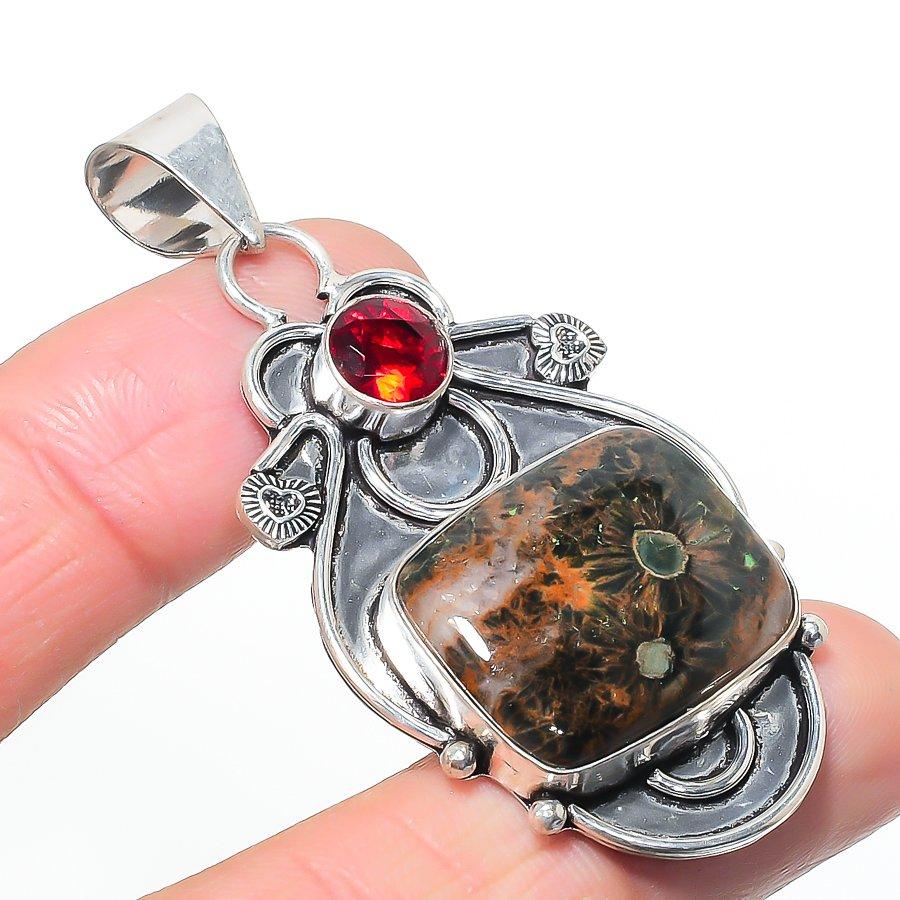 Natural Fossil Coral, Garnet 925 Sterling Silver Jewelry Pendant 2.52 AP-14506
