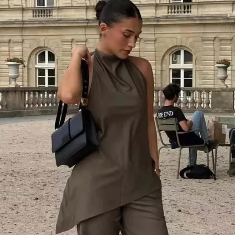 Fashion Pant Suits Backless Sexy Halter Camis Top + Elastic Waist Straight Wide Leg Trousers 2 Pieces Set Women Outfits