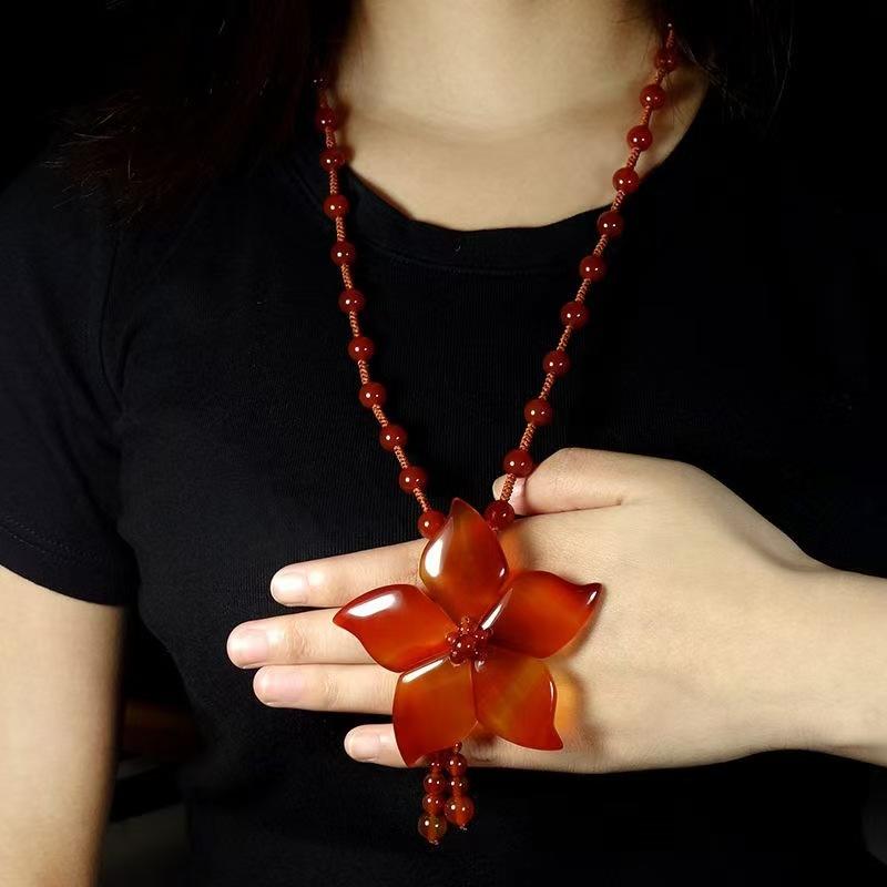 GEMCHIC Women s Ethnic Style Red Agate Flower Pendant Necklace Long Sweater Chain Handmade Vintage Jewelry Gift
