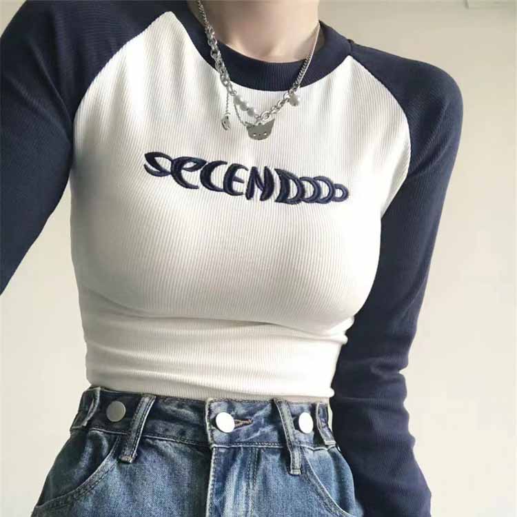 Letter Print T-Shirt Women Spring Long Sleeve Patchwork Tops Retro Contrast Color Crop Top Hot Girl Skinny Y2K