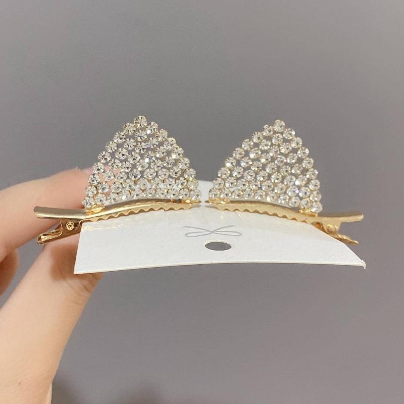 2pcs Rhinestone Cat Ear Hair Clips, Cute Women's Top Clips, Fashionable Hair Accessories, Design for Back To School, Halloween Decoration