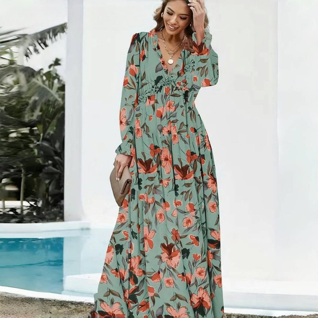 Elegant Loose Printing Long Dresses Spring Women V Neck Pullover Long Sleeves Dress High Waist Casual Ankle Length Dress