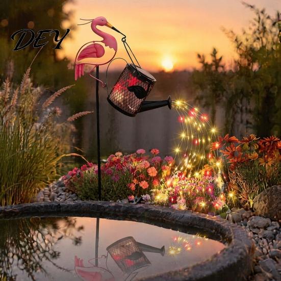 Decorative Flowing Water Effect Lamps Flamingo Garden Statue with Solar Watering Can Lights, Iron Outdoor Light Strings Lawn Ornament for Patio