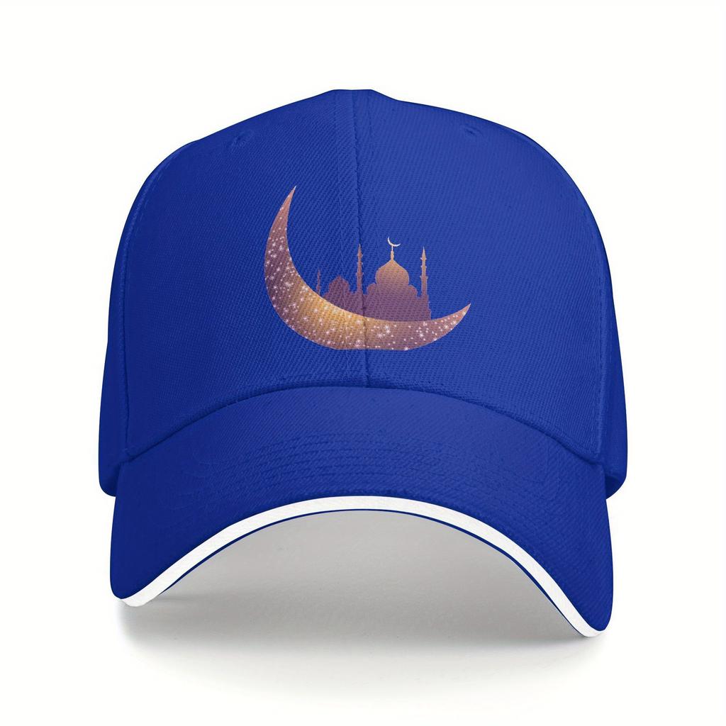 Islamic Crescent Moon Mosque Silhouette Baseball Cap Adjustable Polyester Casual Muslim Hat for Men and Women
