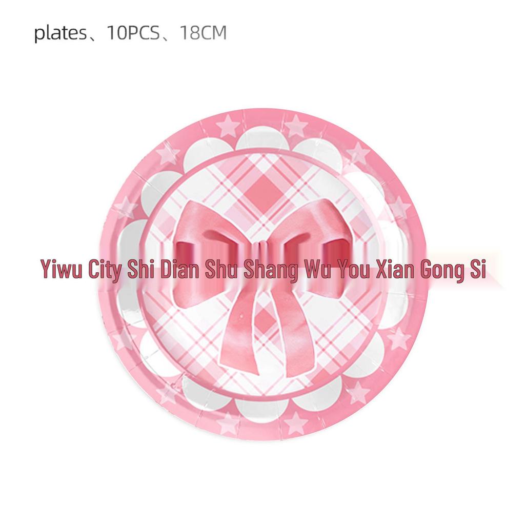 Pink Bow Girl Birthday Party Tableware Set: Paper Cups, Plates, Napkins, and Tablecloth.