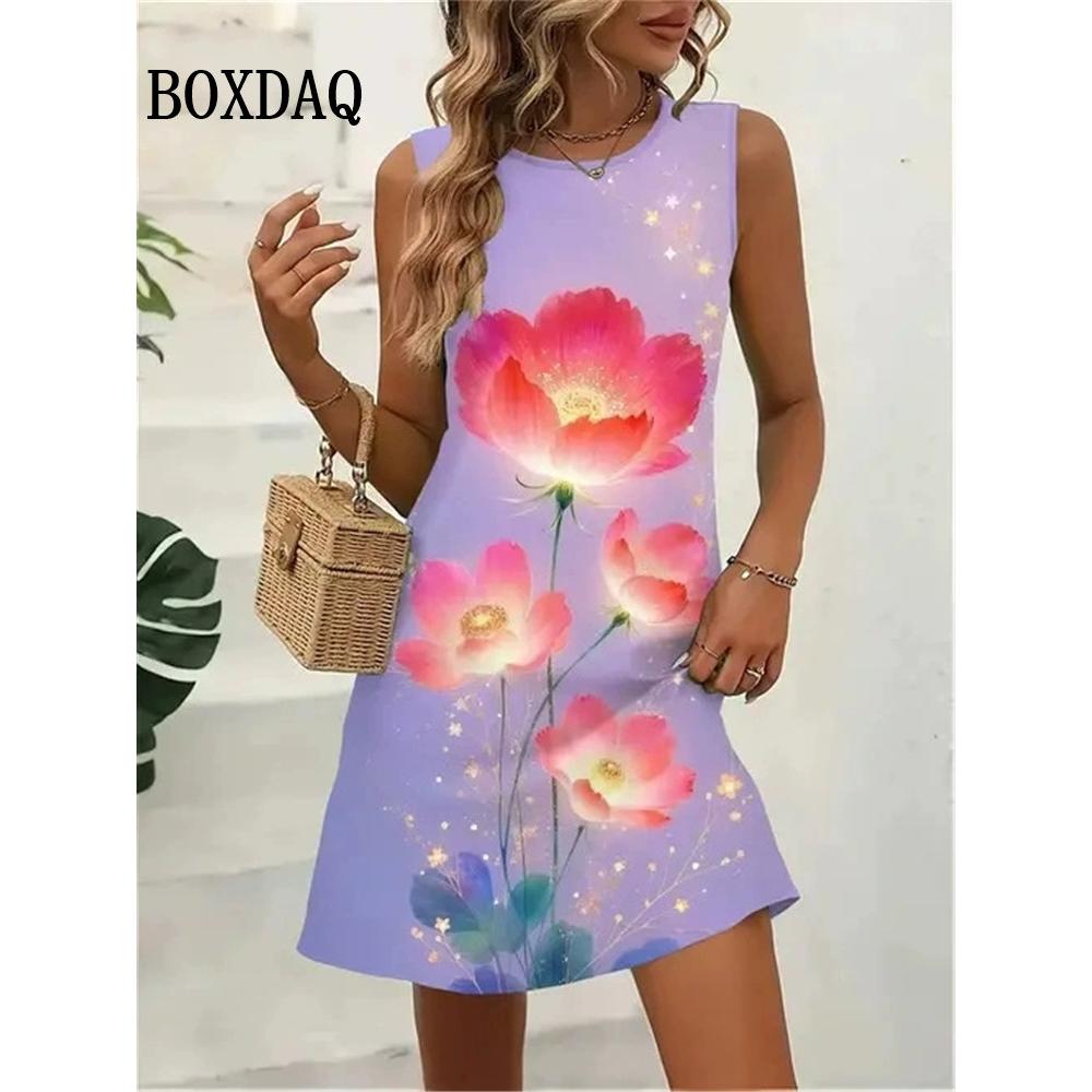 Summer Fashion Cat Pattern 3D Print Dresses Women Casual Sleeveless Flowers Beach Short Dress
