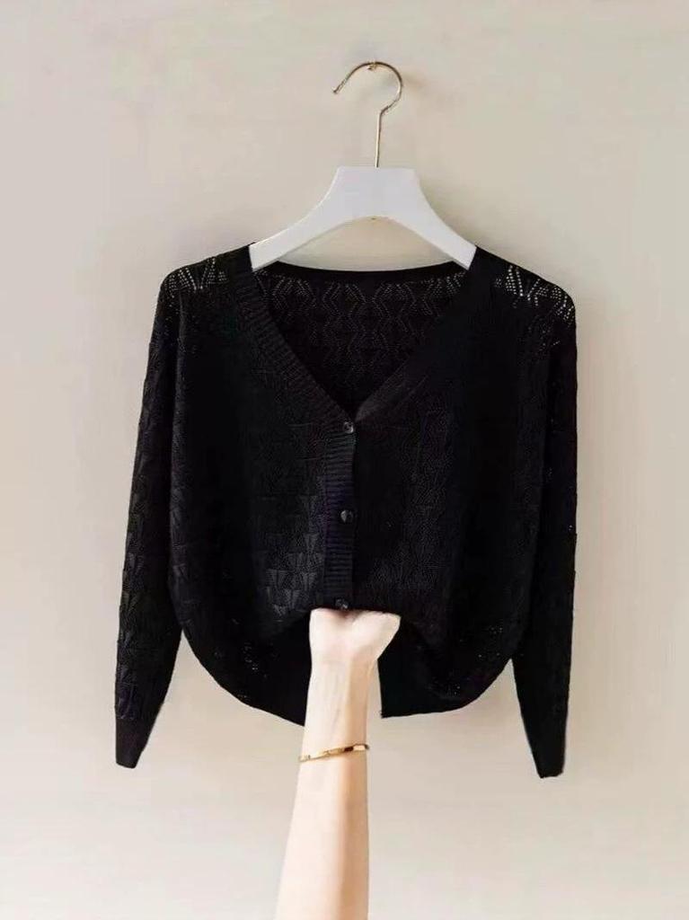 Women's Ice Silk Hollow-Out Cardigan Shawl with Camisole Thin Knit Top