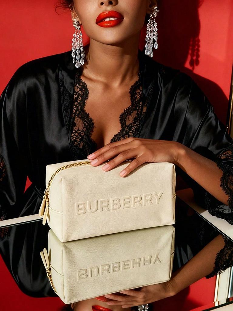 BURBERRY Beige Canvas Makeup Bag Embossed Logo Large Capacity Travel Cosmetic Wash Bag with Double Zipper for Women