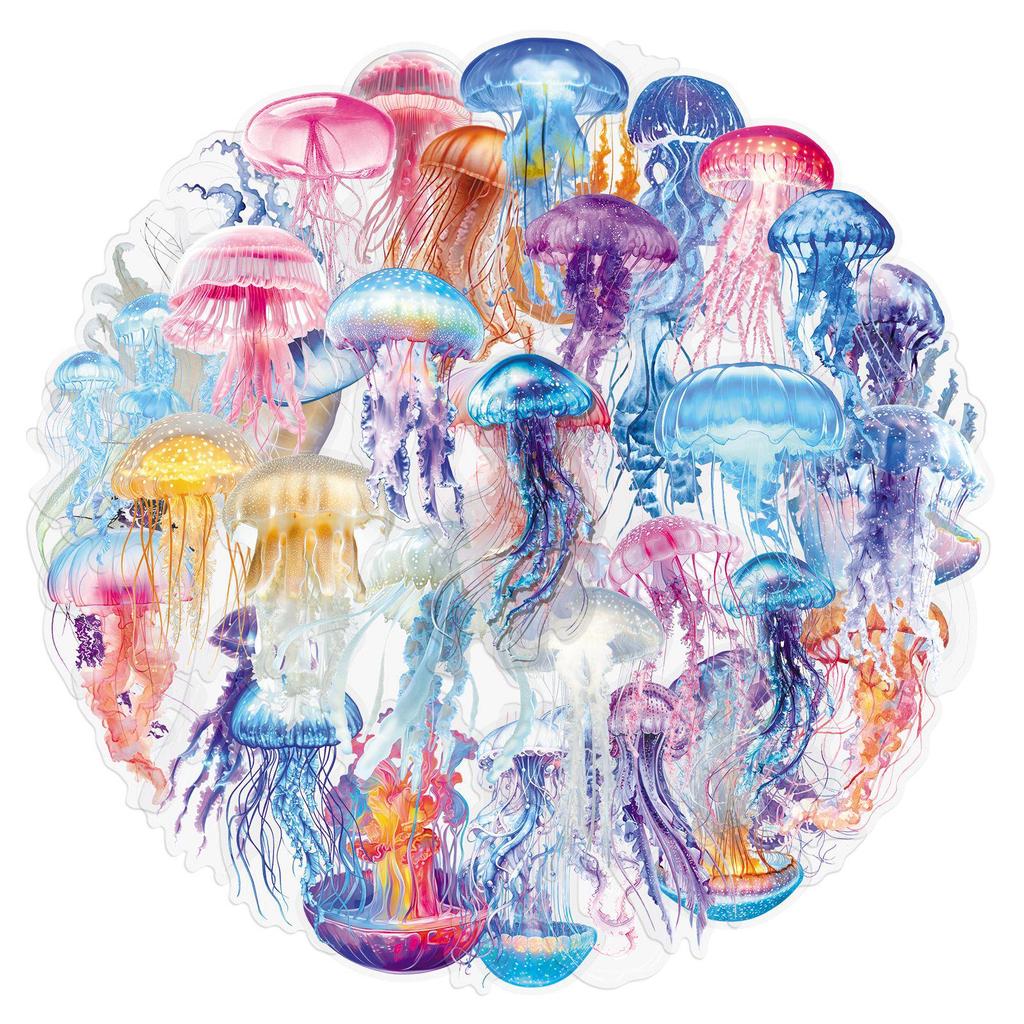 50 Jellyfish Cartoon Stickers: Colorful, Creative, and Decorative for Notebooks, Headphones, and More—No Cutting Needed.