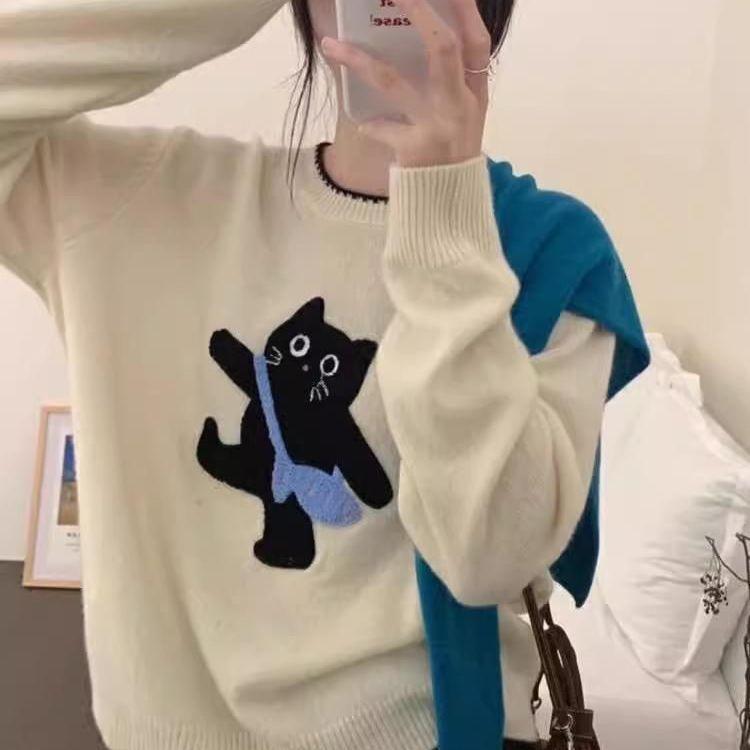 

Пуловер с котенком в корейском стиле: Женский свитер с круглым вырезом на осень/зиму One Size абрикосовый