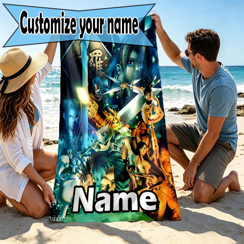 Custom Name Personalized Final Fantasy Print Beach Towel, for Trip Camping Beach Party Home Decor, Birthday Gift for Family & Friends