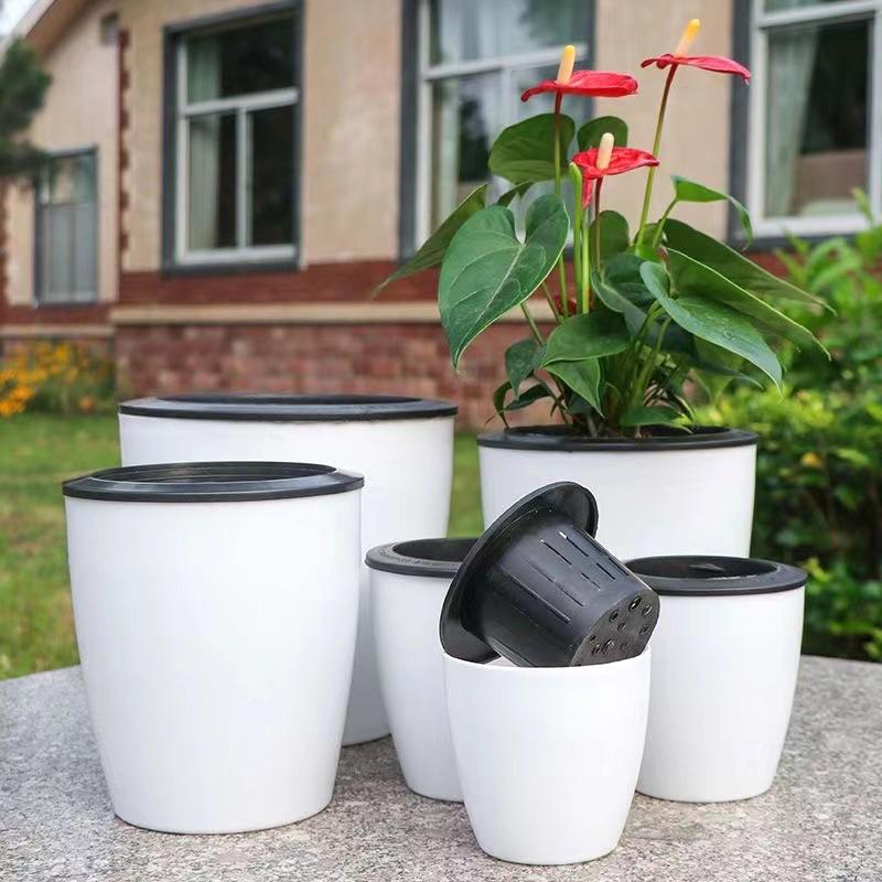 Self Watering Plastic Planter with Inner Pots White Modern Plastic Flower Planter Pots Indoor Plant Pots for Succulents Orchid