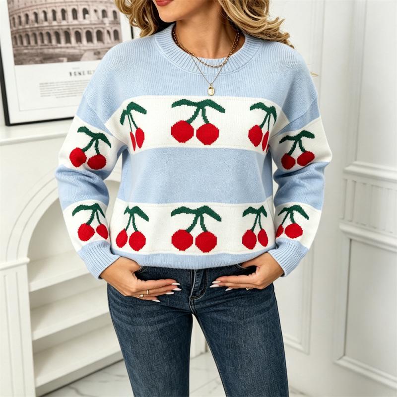 Autumn/Winter 2026 Cherry Jacquard Festive Knit Sweater - European Style Women's Pullover