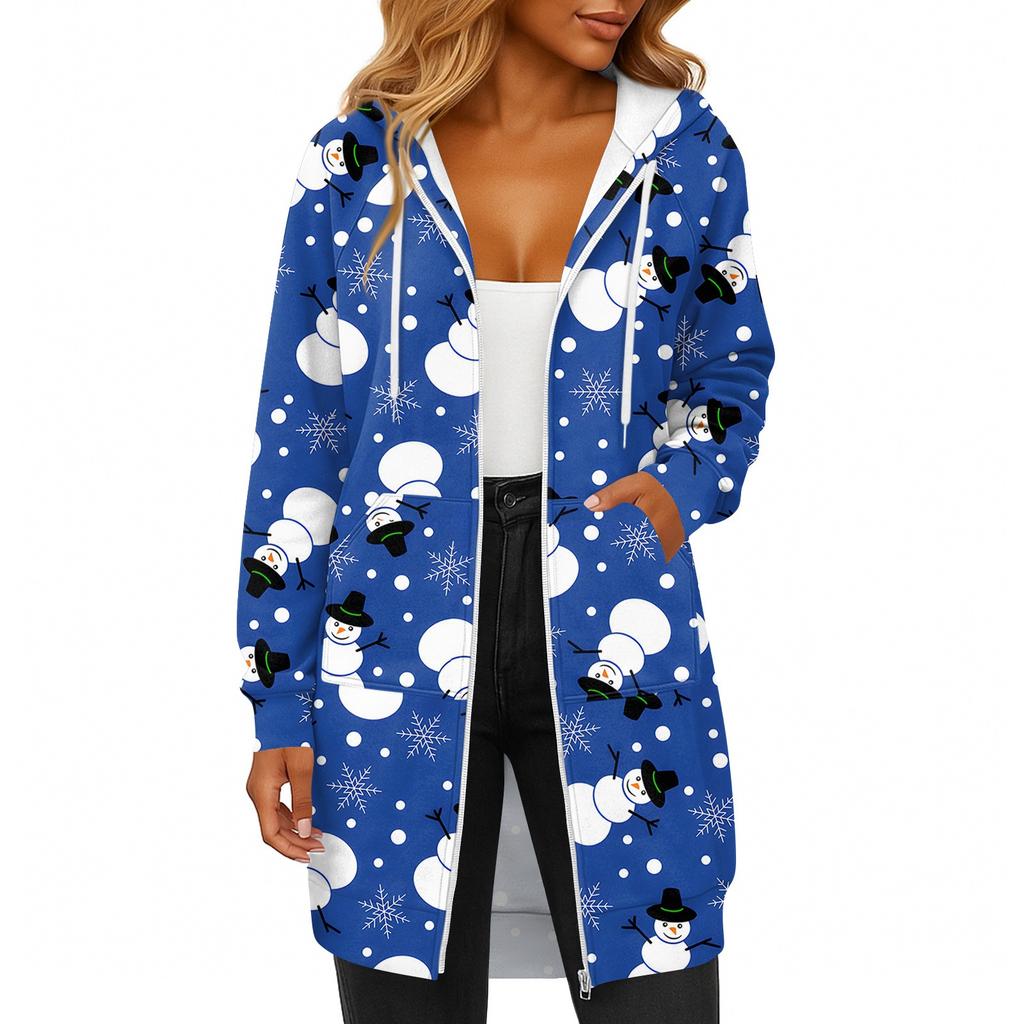 Women's Fashionable Christmas Printed Long Sleeved Drawstring Hooded Zipper Pocket Long Casual Sweatshirt Jacket