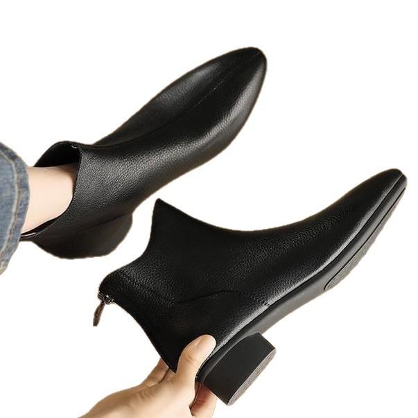 New autumn and winter soft leather Martin boots pointed low thick heel single boots retro short boots women
