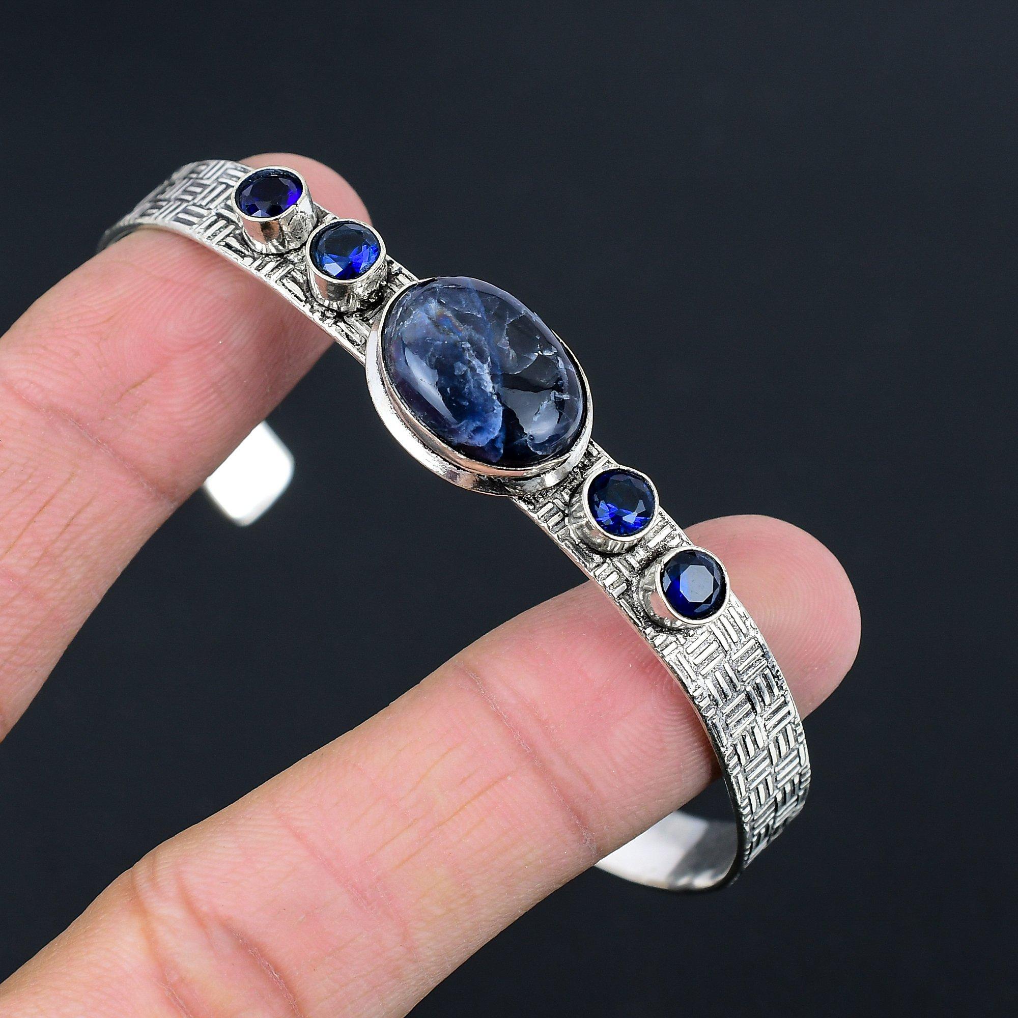 

925 Sterling Silver Oval Sodalite Stone Blue Topaz Mother Boho Bangle Bracelet Adjustable
