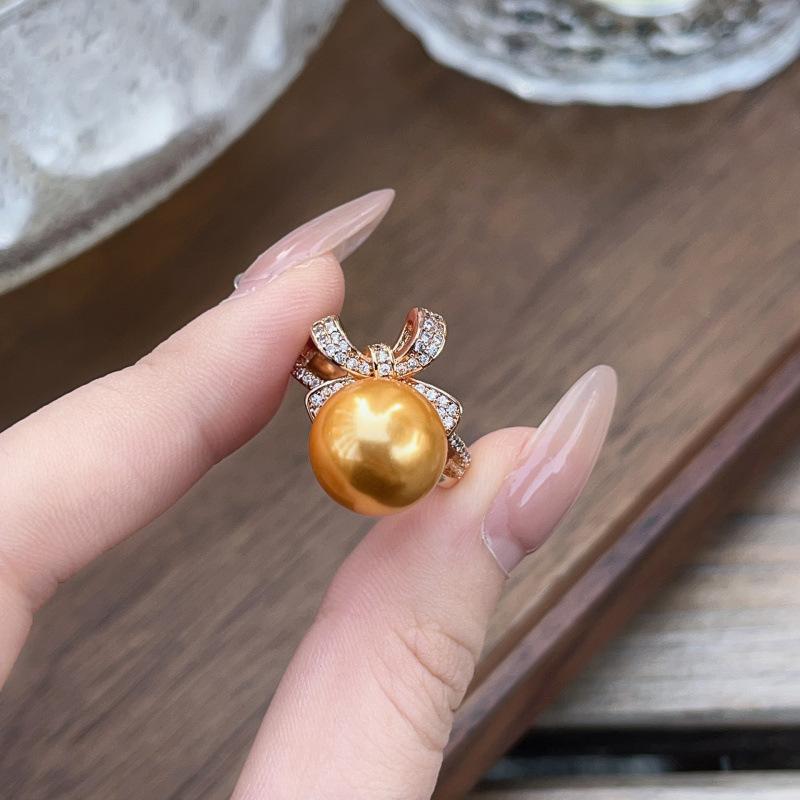 Bow Sparkling Diamond Pearl Ring Women'S High-End Ring Temperament Exquisite Jewelry