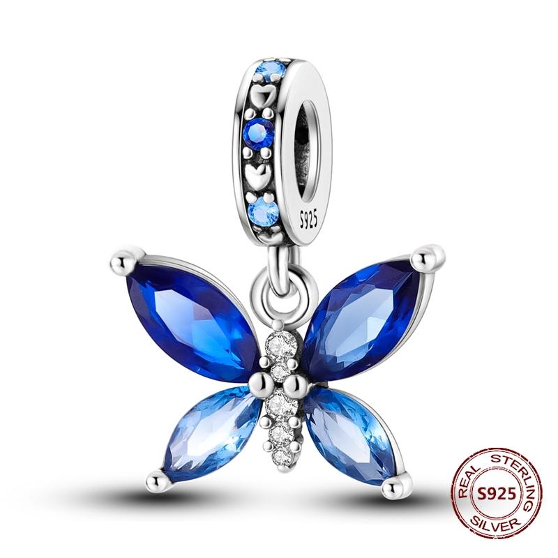 Butterfly Charm copper Authentic Pink Blue Zircon Fly Butterflies Safety Chain Clip Charm Bead Charms Compatible With Bracelets Do It Yourself Jewelle