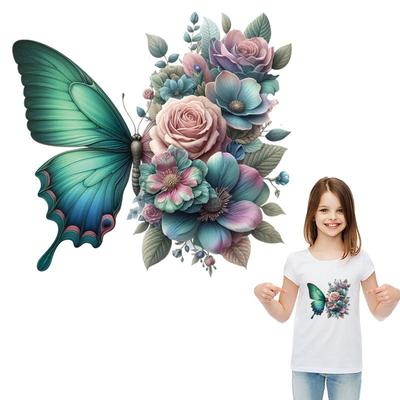 Floral Butterfly Heat Transfer Vinyl Sticker Iron On Patch for Fabric Thermal Transfer DIY Decal HTV for Bags Hats Kids Clothes