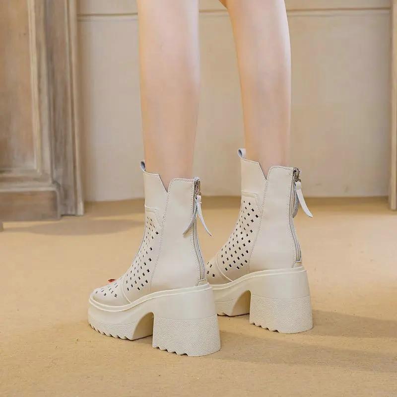 Cizme Modă Decupate Femeie Piele 2025 Nou Stil Subțire de Vară Respirabile la Interior Talpă Groasă Înălțătoare Bot de Pește Cizme Cool