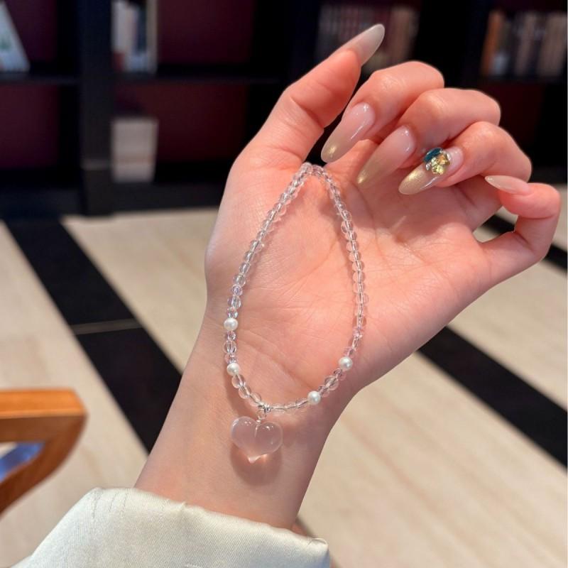 Handmade Natural White Crystal Pink Quartz Heart Pendant Necklace Women Lightweight Luxury Choker Chain 41-50cm Adjustable